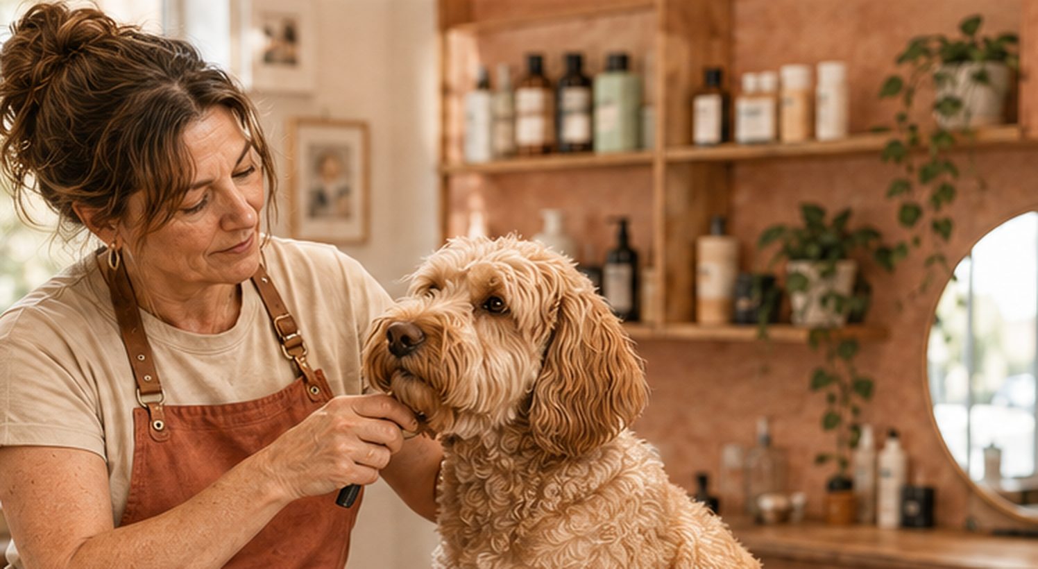 Hundefriseurin bearbeitet das Ohr eines Labradoodles in ihrem Salon