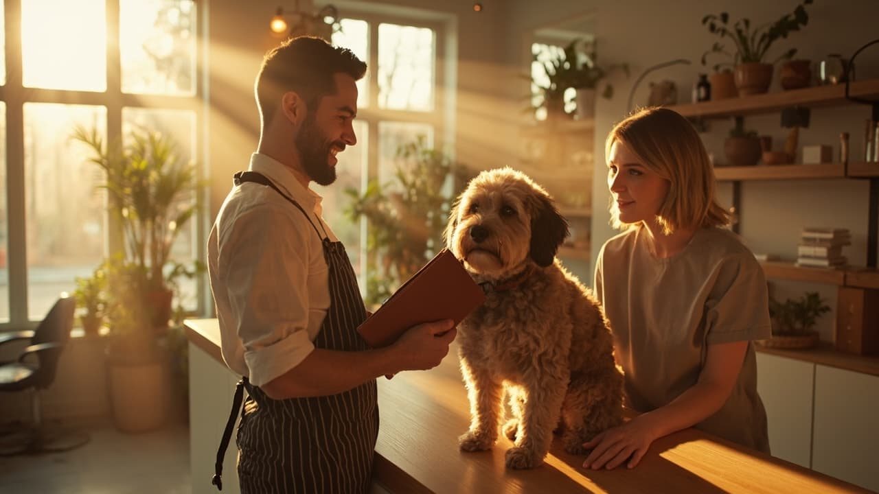 Hundefriseur bespricht am Tresen einen Termin, daneben ein Labradoodle
