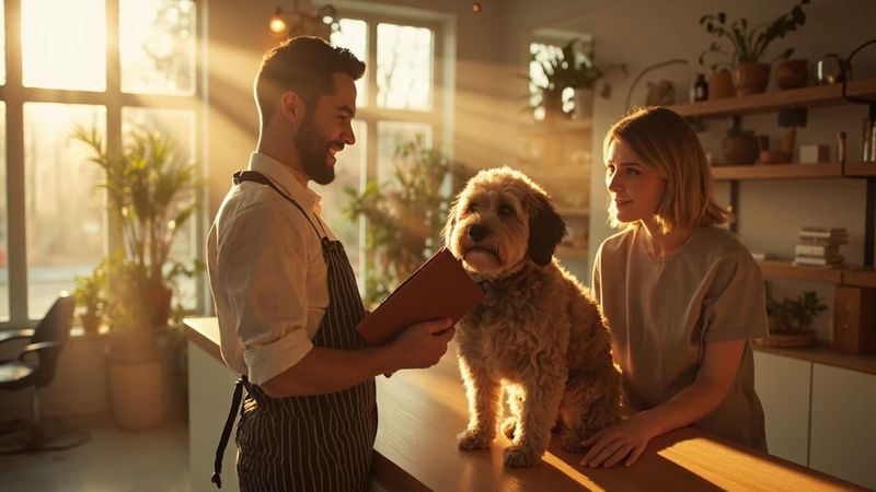 Hundefriseur bespricht am Tresen einen Termin, daneben ein Labradoodle