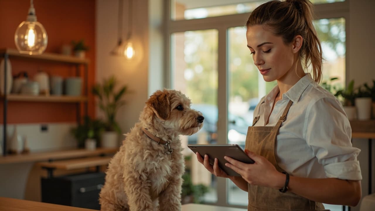 Hundefriseurin mit Tablet im Salon, daneben sitzt ein hellbrauner Hund