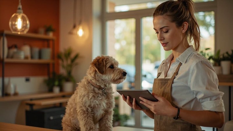 Hundefriseurin mit Tablet im Salon, daneben sitzt ein hellbrauner Hund