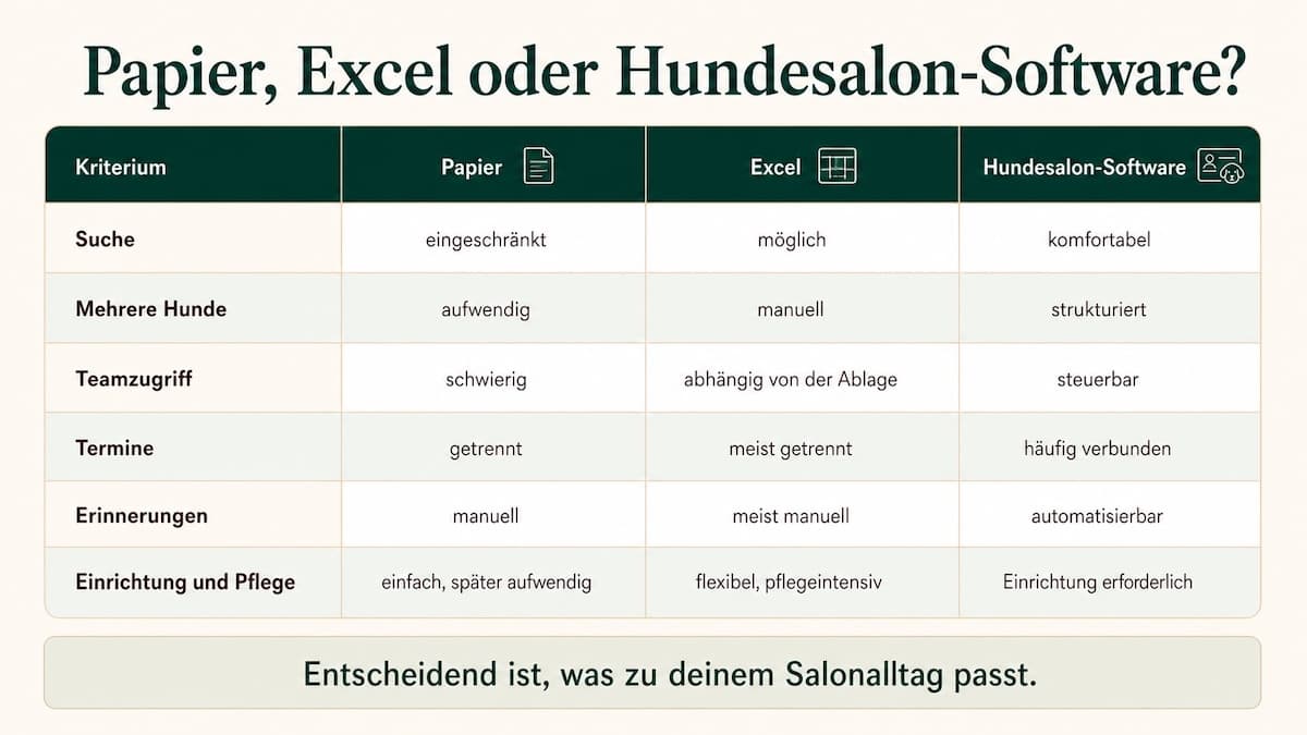 Vergleich von Papier, Excel und Hundesalon-Software in sechs Kriterien