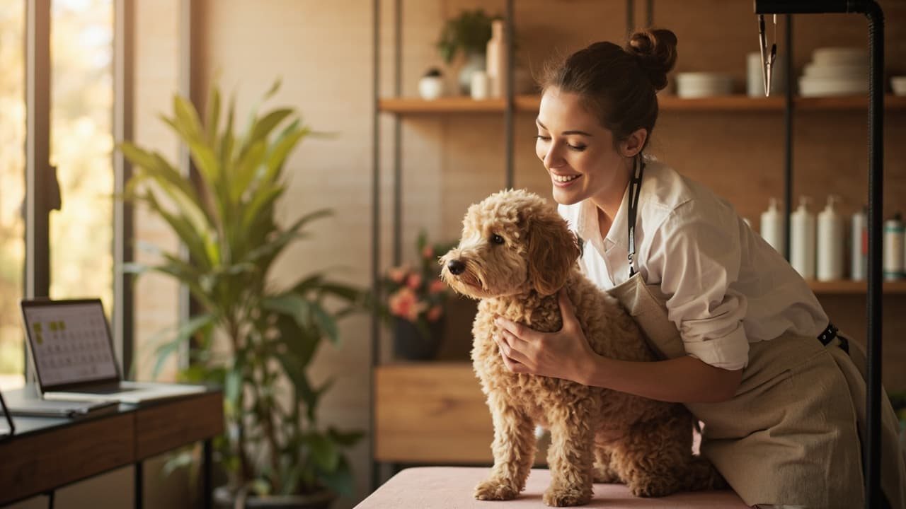 Hundefriseurin mit Golden Doodle am Pflegetisch, dahinter ein Laptop