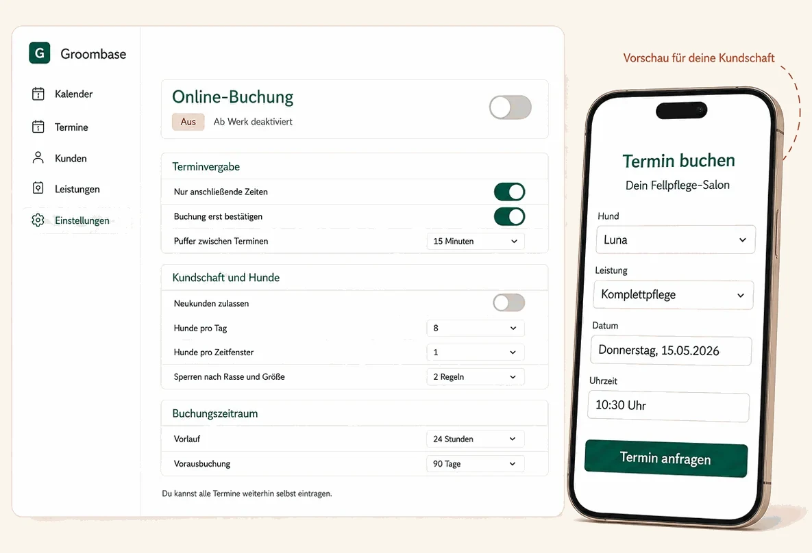 Einstellungen der Online-Buchung und die Buchungsseite auf dem Telefon