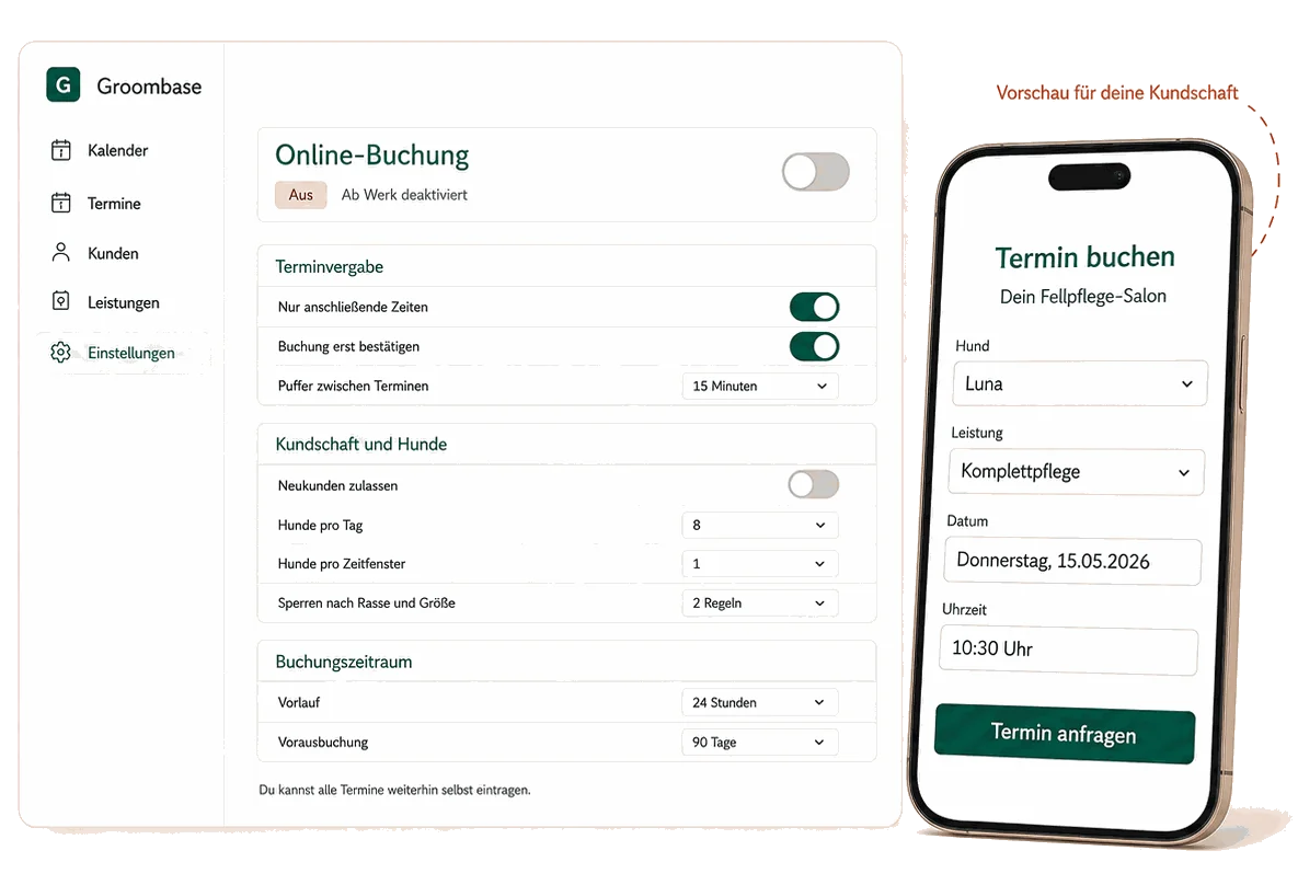 Einstellungen der Online-Buchung in Groombase, ab Werk ausgeschaltet, daneben die Buchungsseite auf dem Telefon einer Kundin