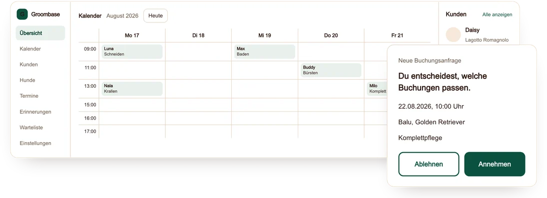 Übersicht in Groombase mit Wochenkalender, Kundenliste und anstehenden Erinnerungen